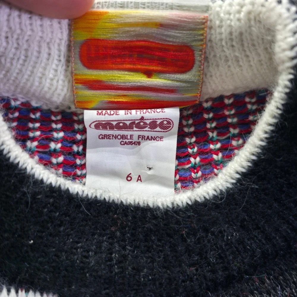 Vintage Marese Kids Sweater 6A Made in France Checkered Geometric Wool Black